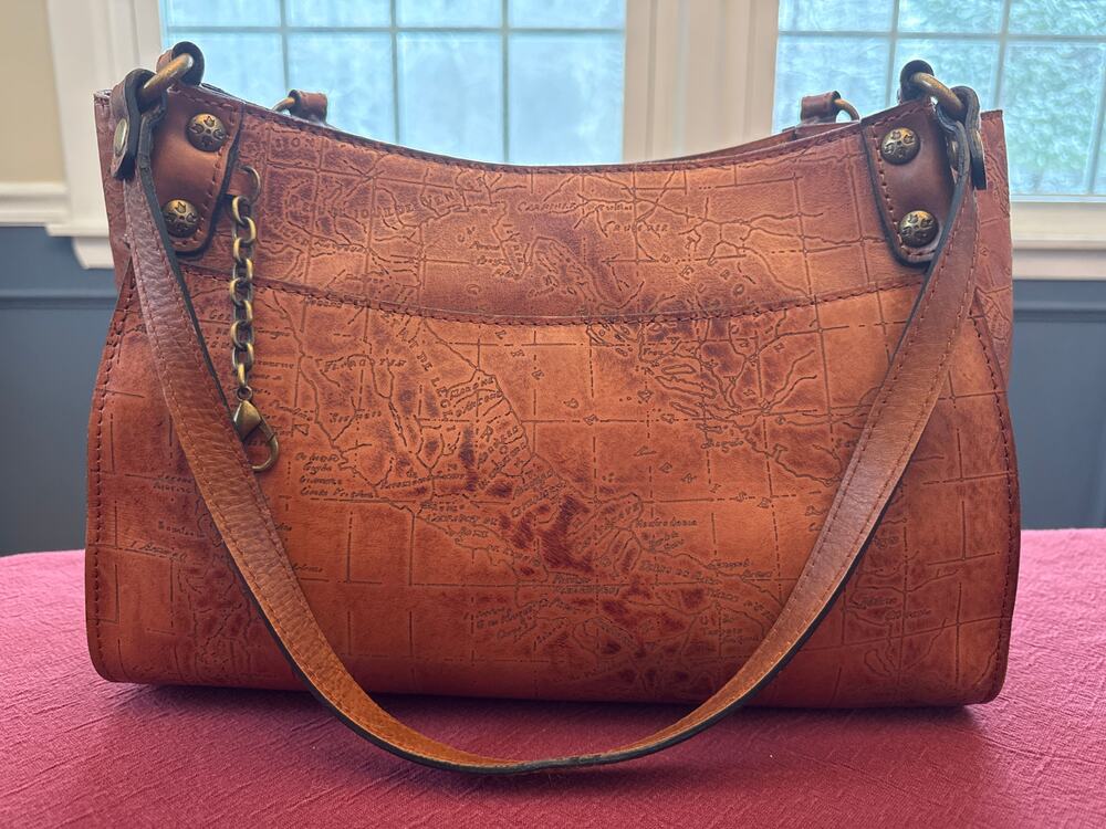 Patricia Nash Brown Leather Romina Vintage Laser Map Shoulder Handbag Purse